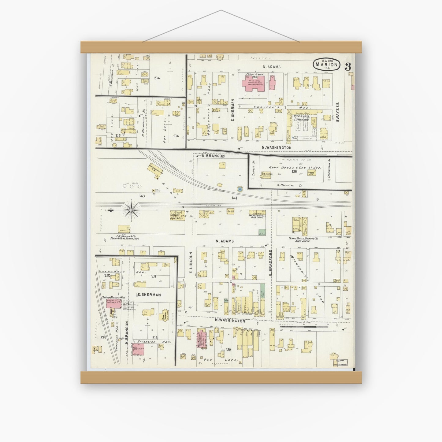 Old map wall art mockup — magnetic wood frame on white wall — Sanborn Fire Insurance Map from Marion, Grant County, Indiana (1896), Sheet #0003