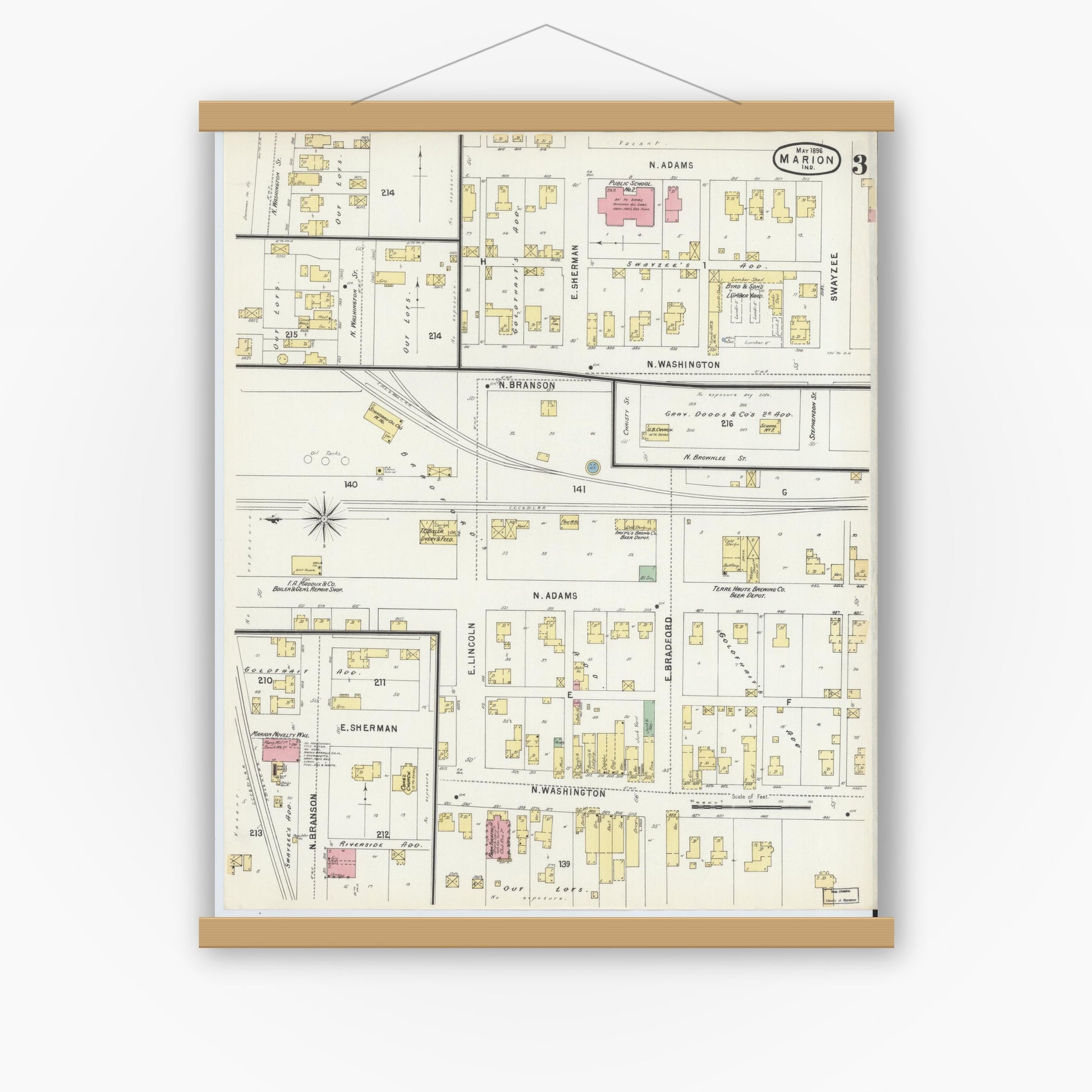 Old map wall art mockup — magnetic wood frame on white wall — Sanborn Fire Insurance Map from Marion, Grant County, Indiana (1896), Sheet #0003