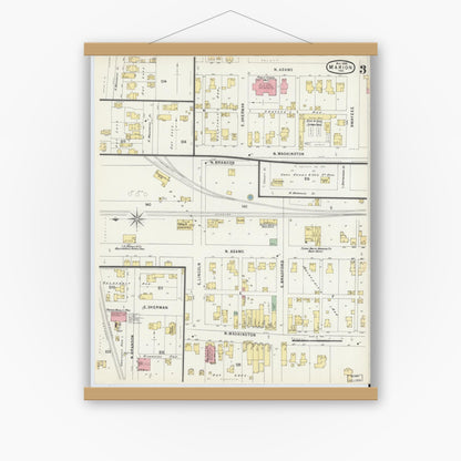 Old map wall art mockup — magnetic wood frame on white wall — Sanborn Fire Insurance Map from Marion, Grant County, Indiana (1896), Sheet #0003