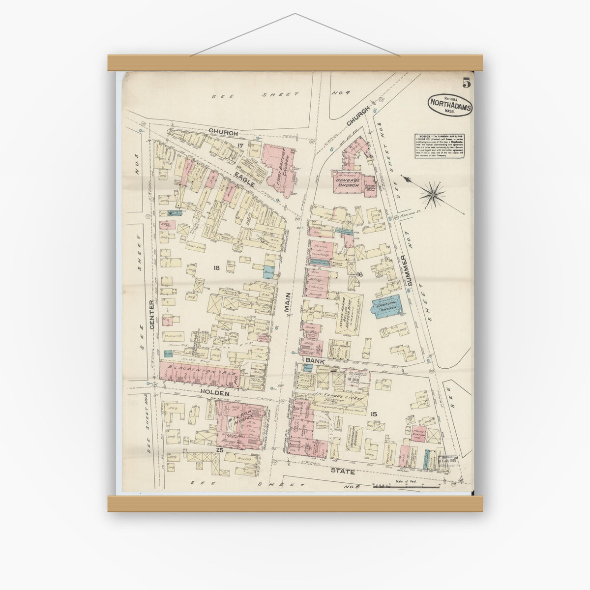 Old map wall art mockup — magnetic wood frame on white wall — Sanborn Fire Insurance Map from North Adams, Berkshire County, Massachusetts (1884), Sheet #0005