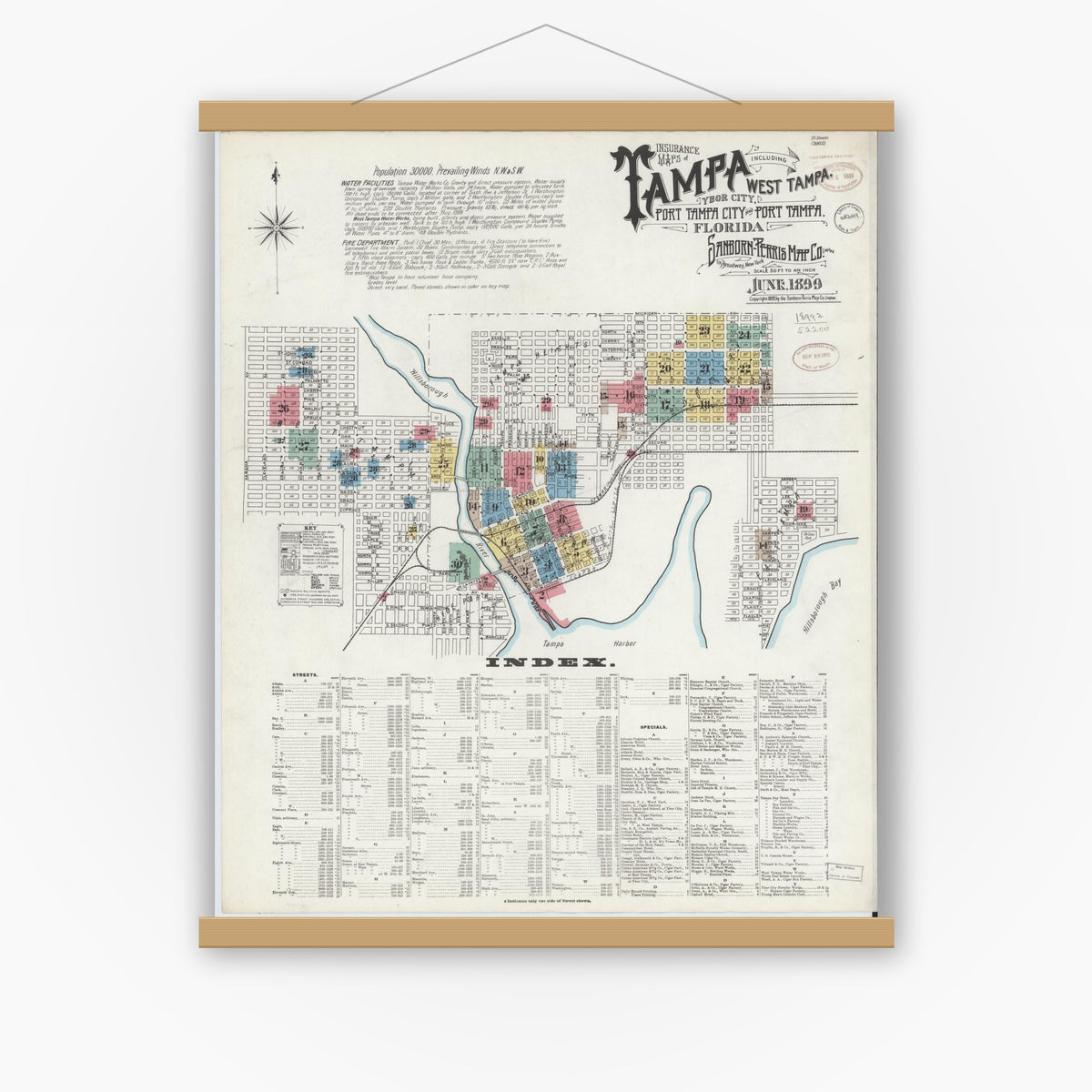 Old map wall art mockup — magnetic wood frame on white wall — Sanborn Fire Insurance Map from Tampa, Hillsborough County, Florida (1899), Sheet #0001