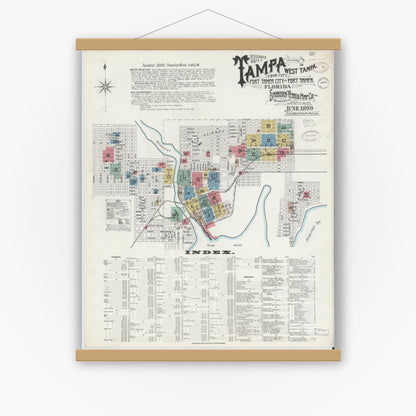 Old map wall art mockup — magnetic wood frame on white wall — Sanborn Fire Insurance Map from Tampa, Hillsborough County, Florida (1899), Sheet #0001