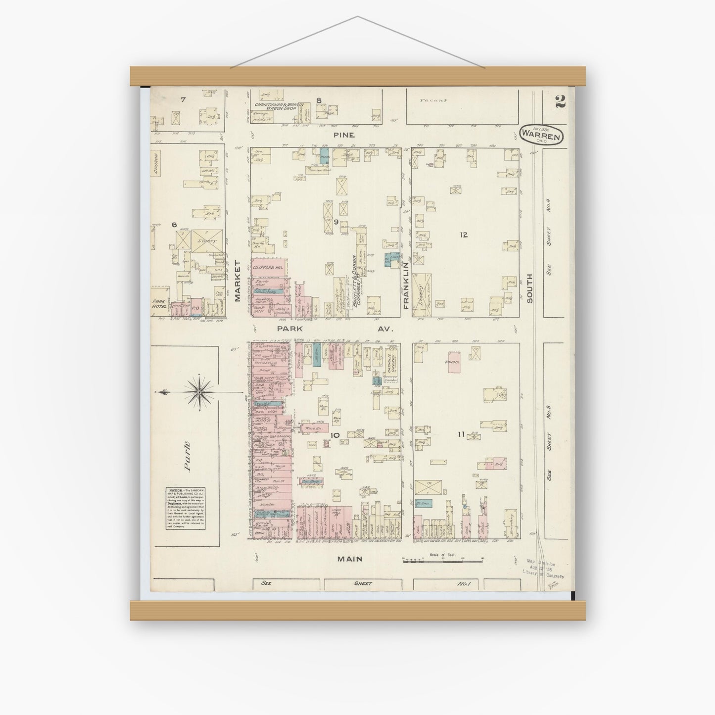 Old map wall art mockup — magnetic wood frame on white wall — Sanborn Fire Insurance Map from Warren, Trumbull County, Ohio (1884), Sheet #0002