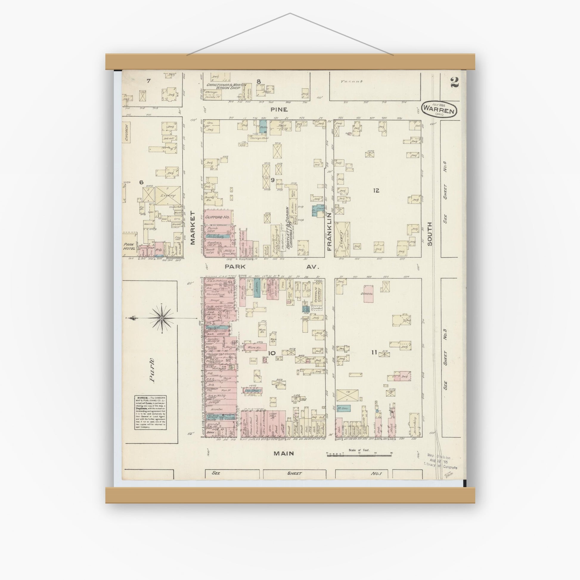 Old map wall art mockup — magnetic wood frame on white wall — Sanborn Fire Insurance Map from Warren, Trumbull County, Ohio (1884), Sheet #0002
