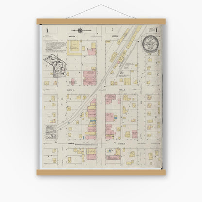 Old map wall art mockup — magnetic wood frame on white wall — Sanborn Fire Insurance Map from Brown City, Sanilac County, Michigan (1924), Sheet #0001