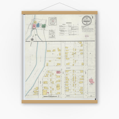 Old map wall art mockup — magnetic wood frame on white wall — Sanborn Fire Insurance Map from Prospect, Marion County, Ohio (1916), Sheet #0001