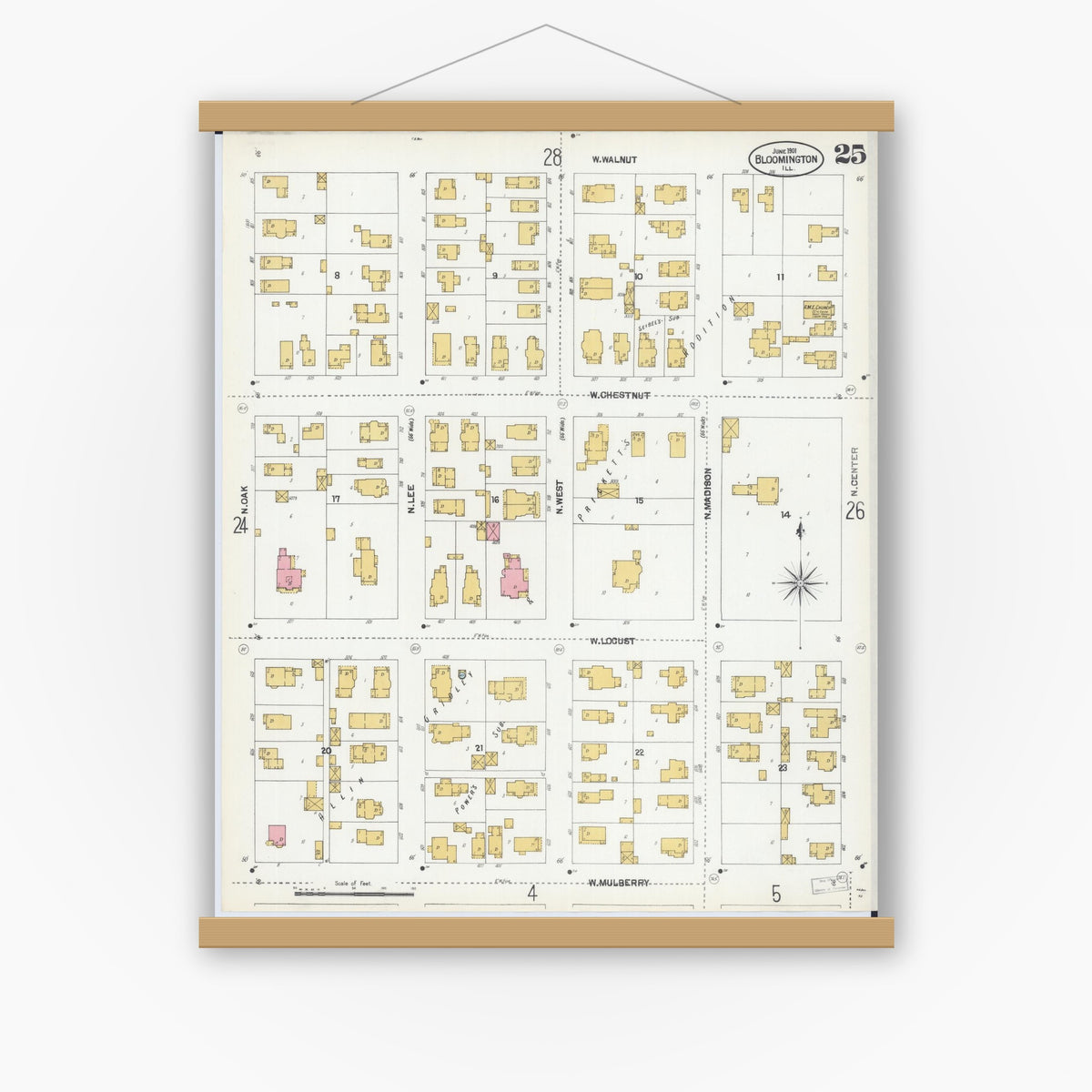 Old map wall art mockup — magnetic wood frame on white wall — Sanborn Fire Insurance Map from Bloomington, McLean County, Illinois (1901), Sheet #0025