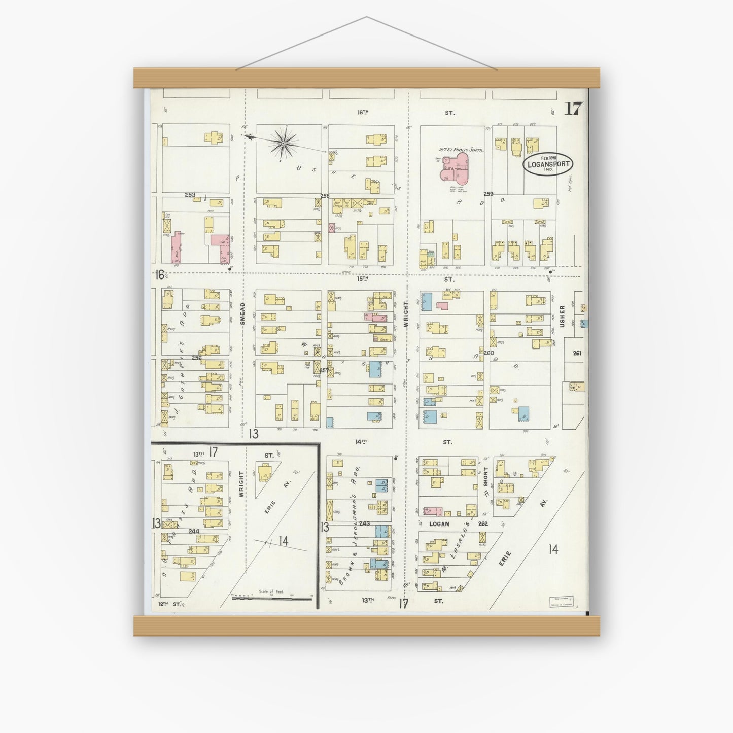 Old map wall art mockup — magnetic wood frame on white wall — Sanborn Fire Insurance Map from Logansport, Cass County, Indiana (1898), Sheet #0017