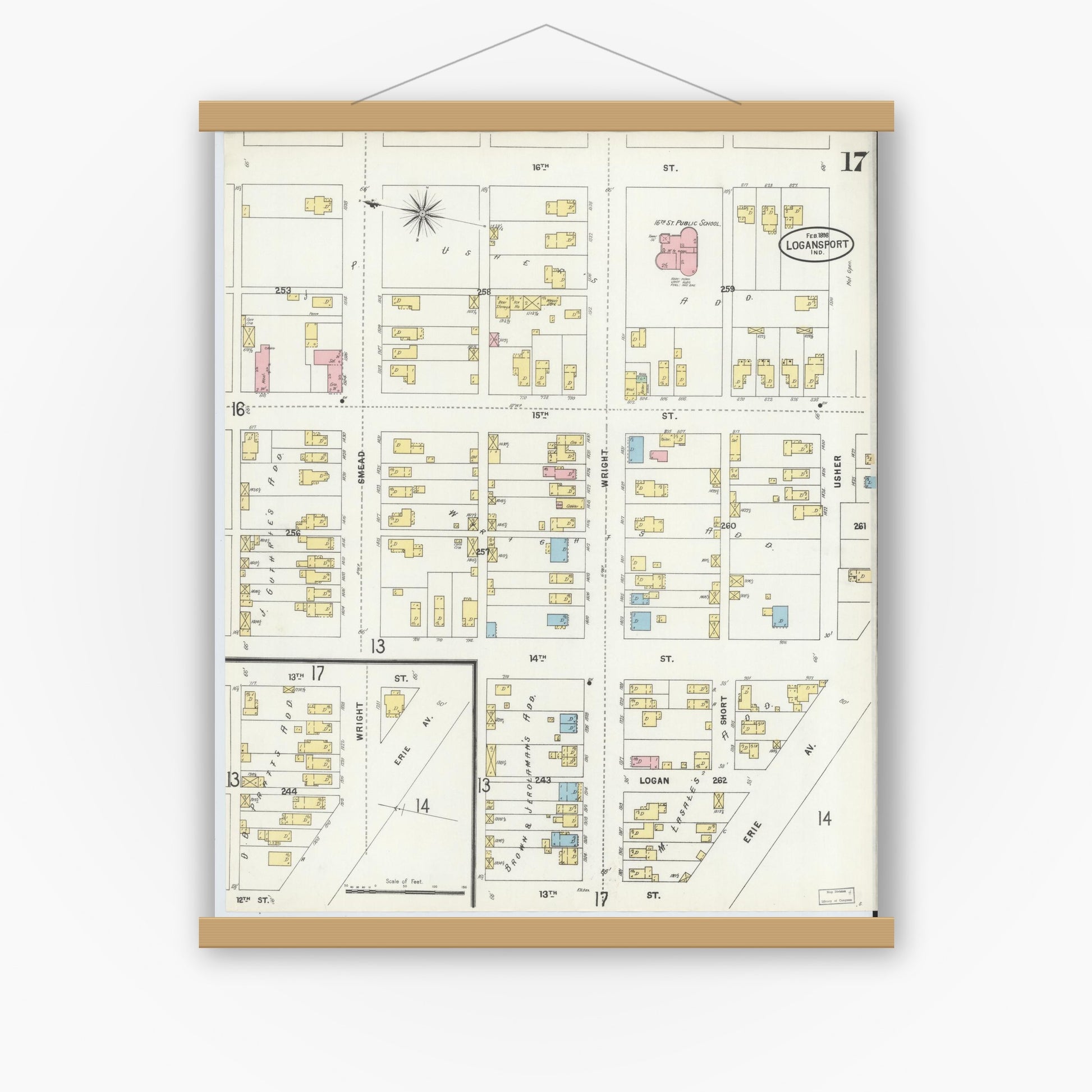 Old map wall art mockup — magnetic wood frame on white wall — Sanborn Fire Insurance Map from Logansport, Cass County, Indiana (1898), Sheet #0017