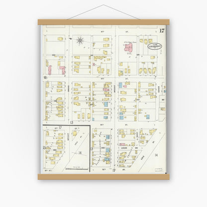 Old map wall art mockup — magnetic wood frame on white wall — Sanborn Fire Insurance Map from Logansport, Cass County, Indiana (1898), Sheet #0017