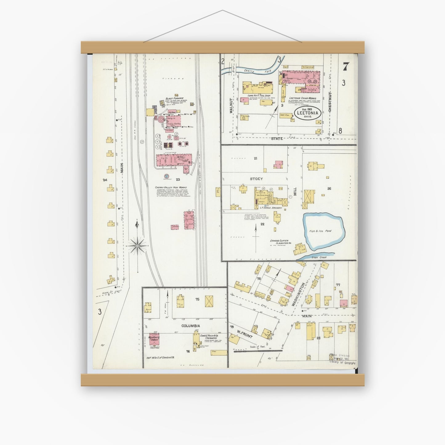 Old map wall art mockup — magnetic wood frame on white wall — Sanborn Fire Insurance Map from Leetonia, Columbiana County, Ohio (1903), Sheet #0007