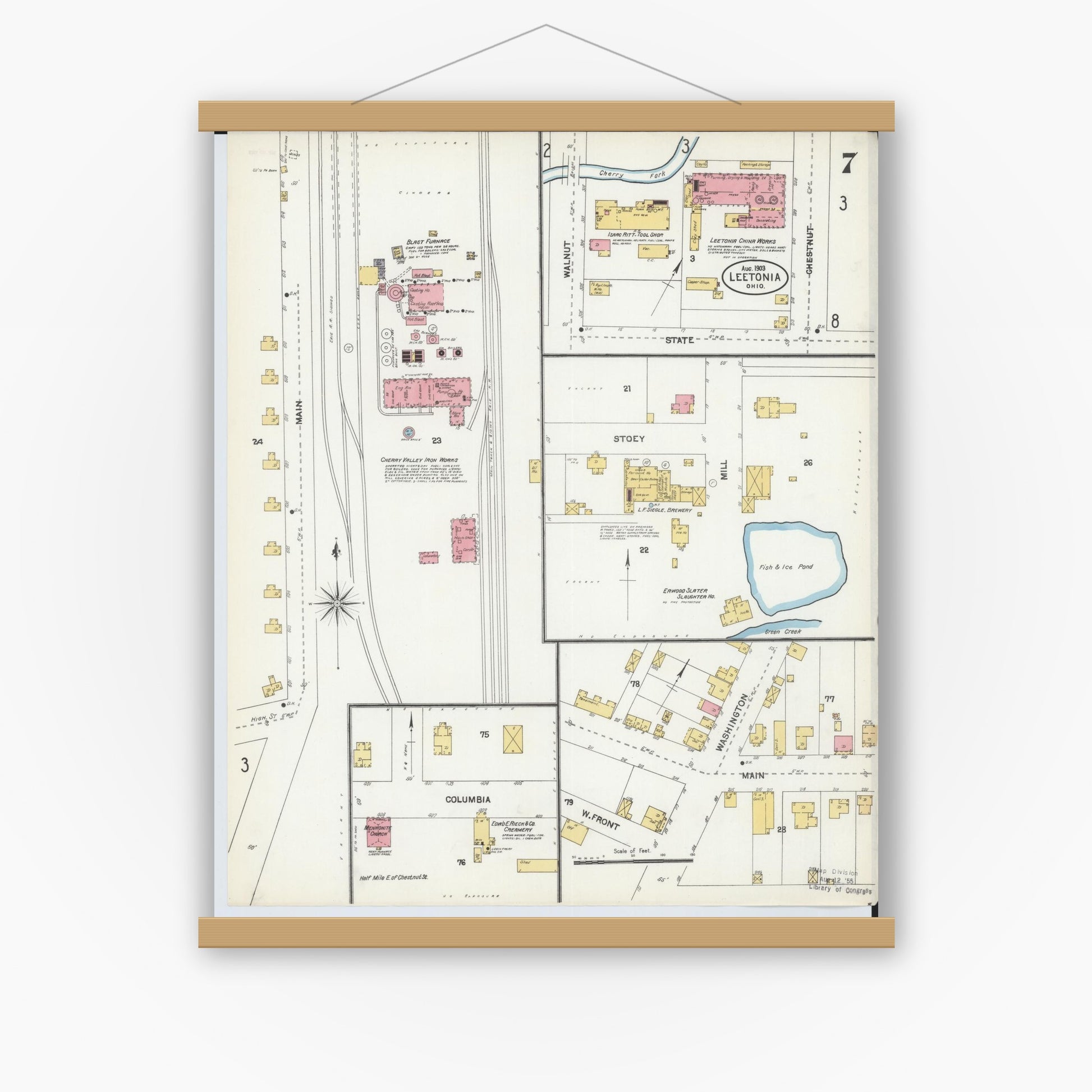 Old map wall art mockup — magnetic wood frame on white wall — Sanborn Fire Insurance Map from Leetonia, Columbiana County, Ohio (1903), Sheet #0007