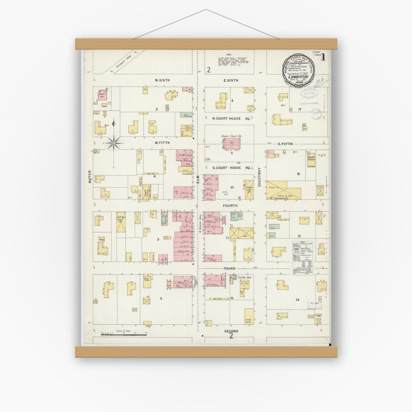 Old map wall art mockup — magnetic wood frame on white wall — Sanborn Fire Insurance Map from Lumberton, Robeson County, North Carolina (1898) - Complete Map Set