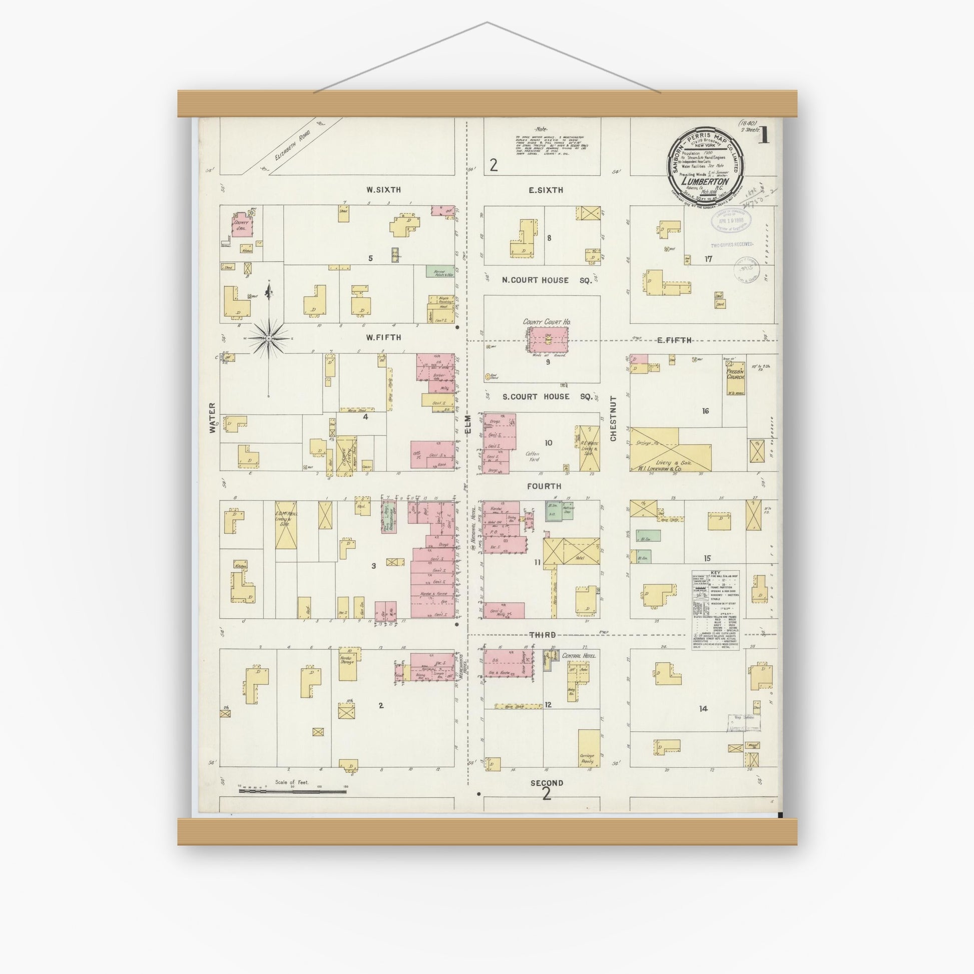Old map wall art mockup — magnetic wood frame on white wall — Sanborn Fire Insurance Map from Lumberton, Robeson County, North Carolina (1898) - Complete Map Set