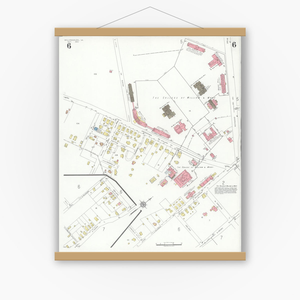 Old map wall art mockup — magnetic wood frame on white wall — Sanborn Fire Insurance Map from Williamsburg, Independent Cities, Virginia (1933), Sheet #0006