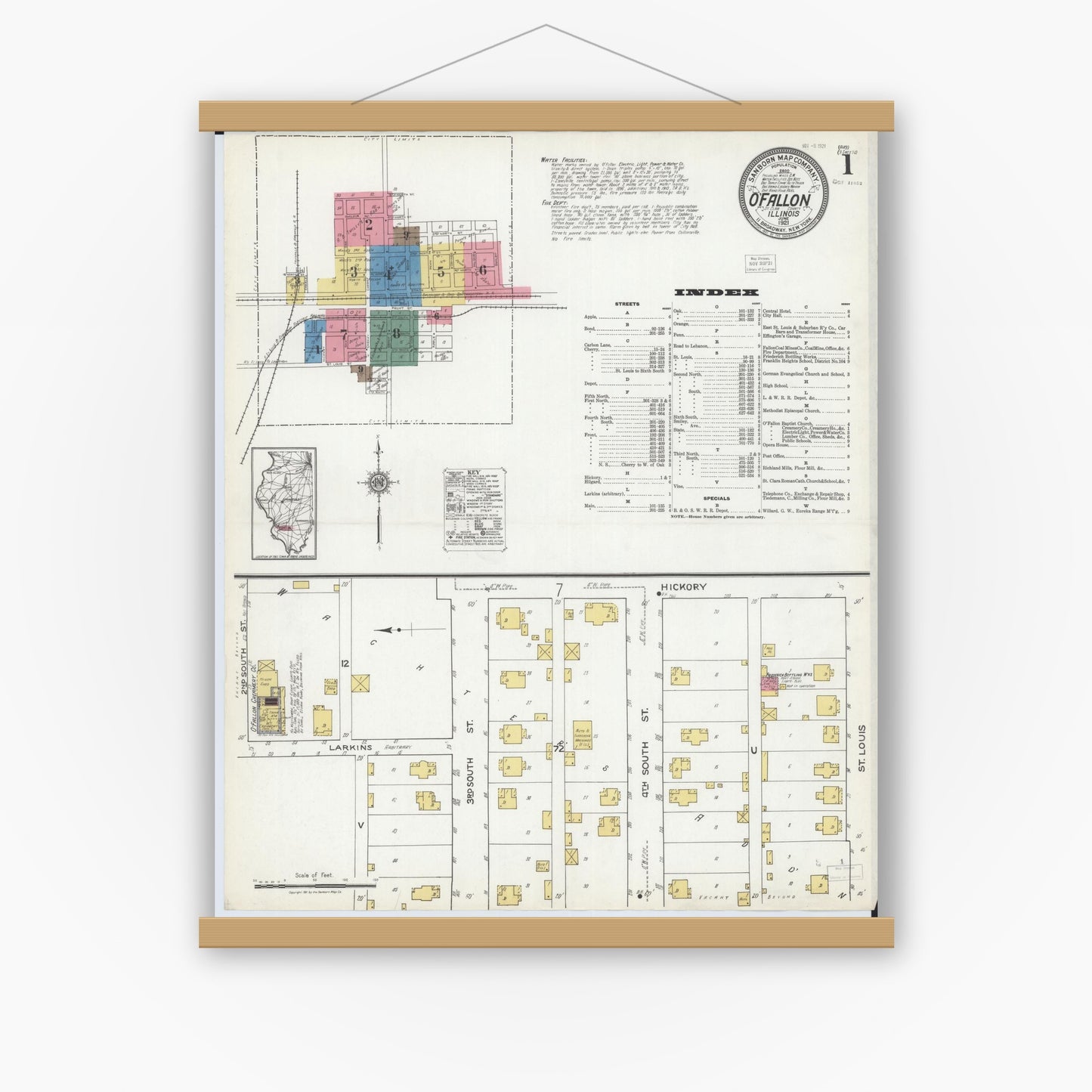 Old map wall art mockup — magnetic wood frame on white wall — Sanborn Fire Insurance Map from O'Fallon, Saint Clair County, Illinois (1921) - Complete Map Set