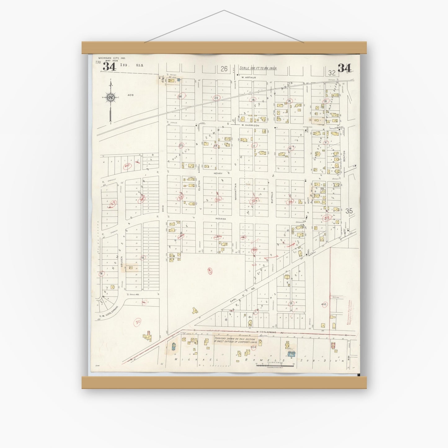 Old map wall art mockup — magnetic wood frame on white wall — Sanborn Fire Insurance Map from Michigan City, La Porte County, Indiana (1948), Sheet #0034