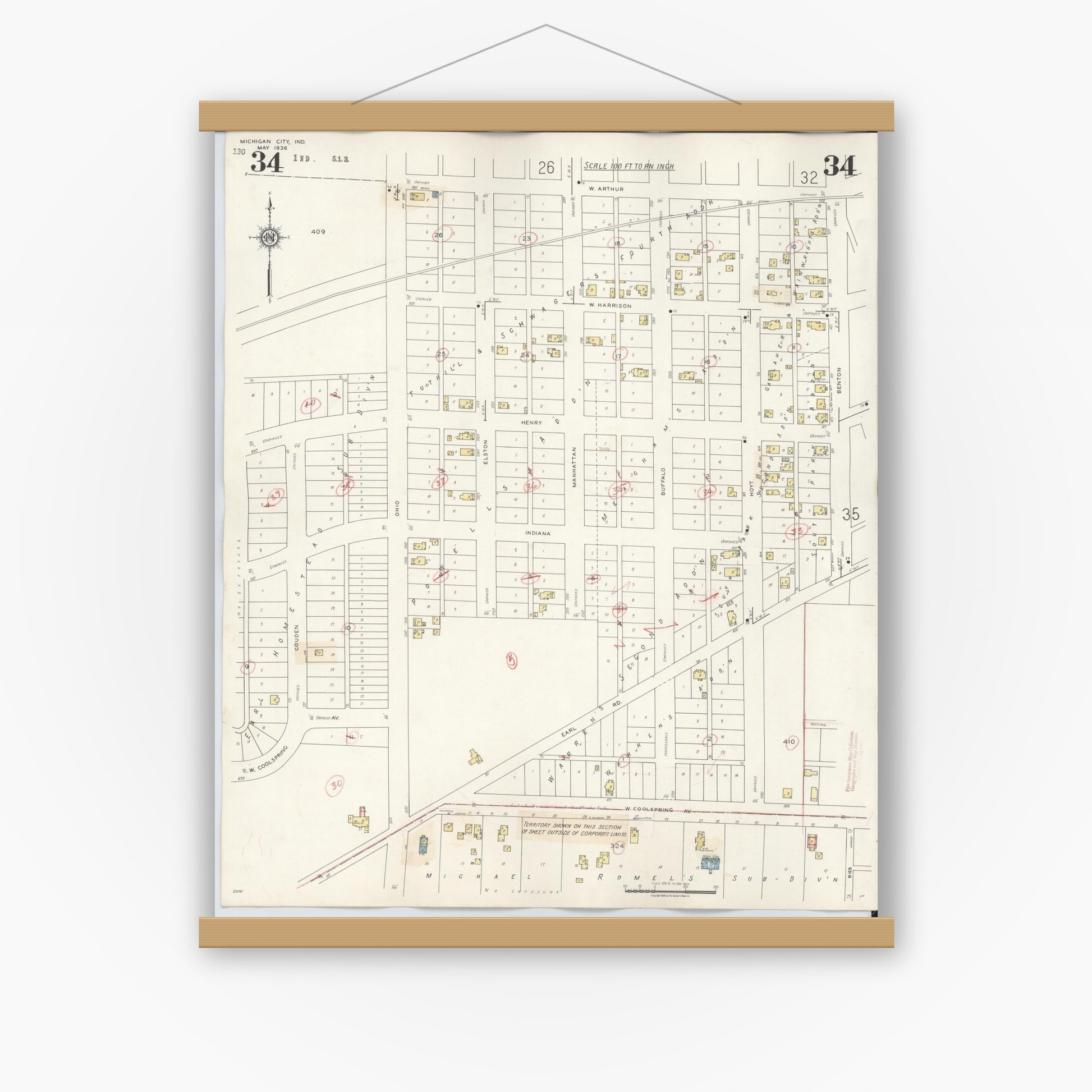 Old map wall art mockup — magnetic wood frame on white wall — Sanborn Fire Insurance Map from Michigan City, La Porte County, Indiana (1948), Sheet #0034