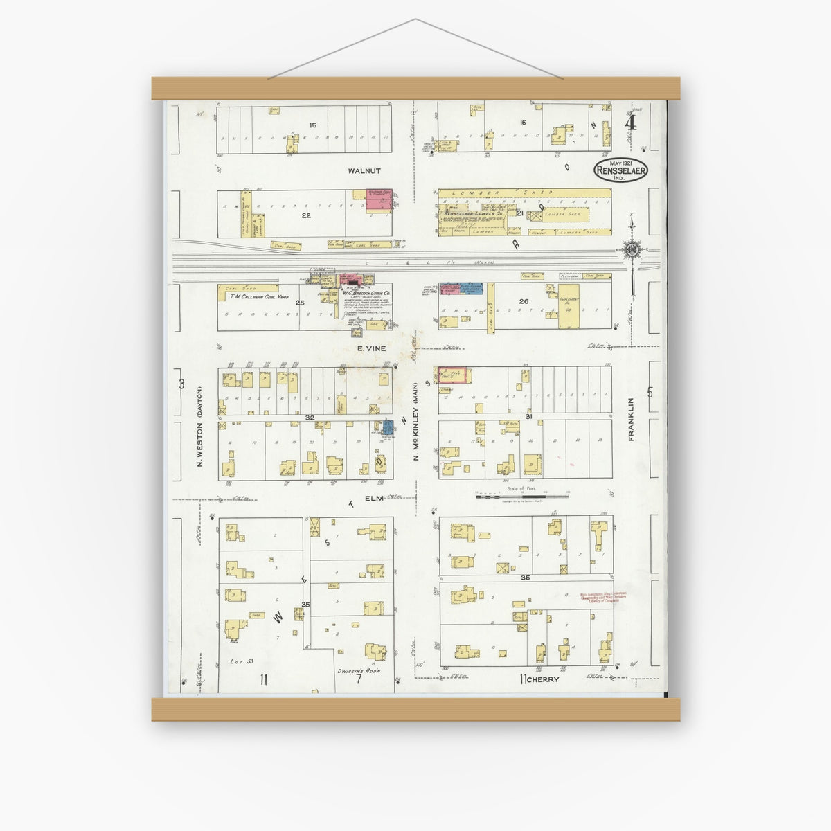 Old map wall art mockup — magnetic wood frame on white wall — Sanborn Fire Insurance Map from Rensselaer, Jasper County, Indiana (1921), Sheet #0004