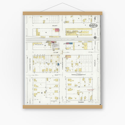 Old map wall art mockup — magnetic wood frame on white wall — Sanborn Fire Insurance Map from Rensselaer, Jasper County, Indiana (1921), Sheet #0004