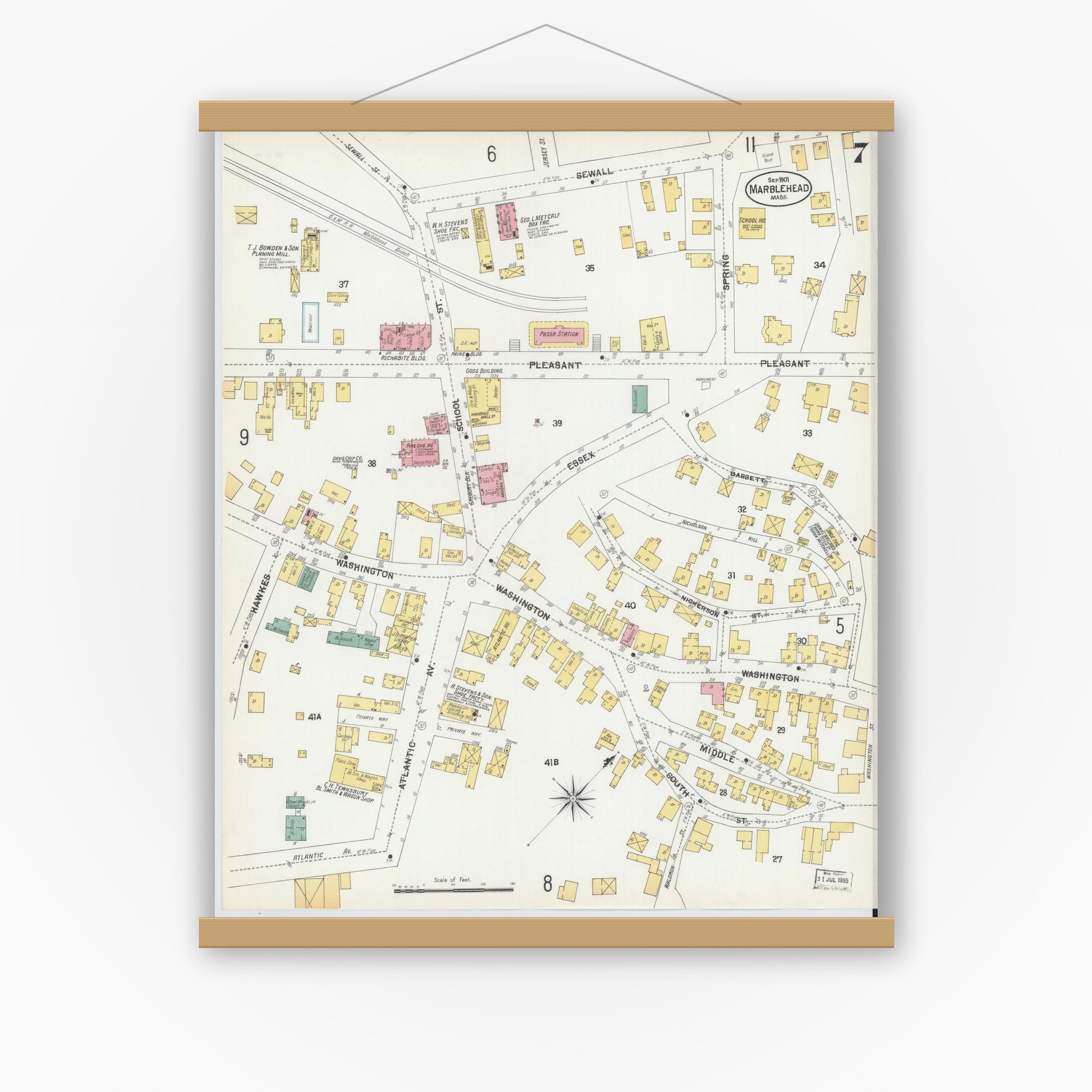 Old map wall art mockup — magnetic wood frame on white wall — Sanborn Fire Insurance Map from Marblehead, Essex County, Massachusetts (1901), Sheet #0007
