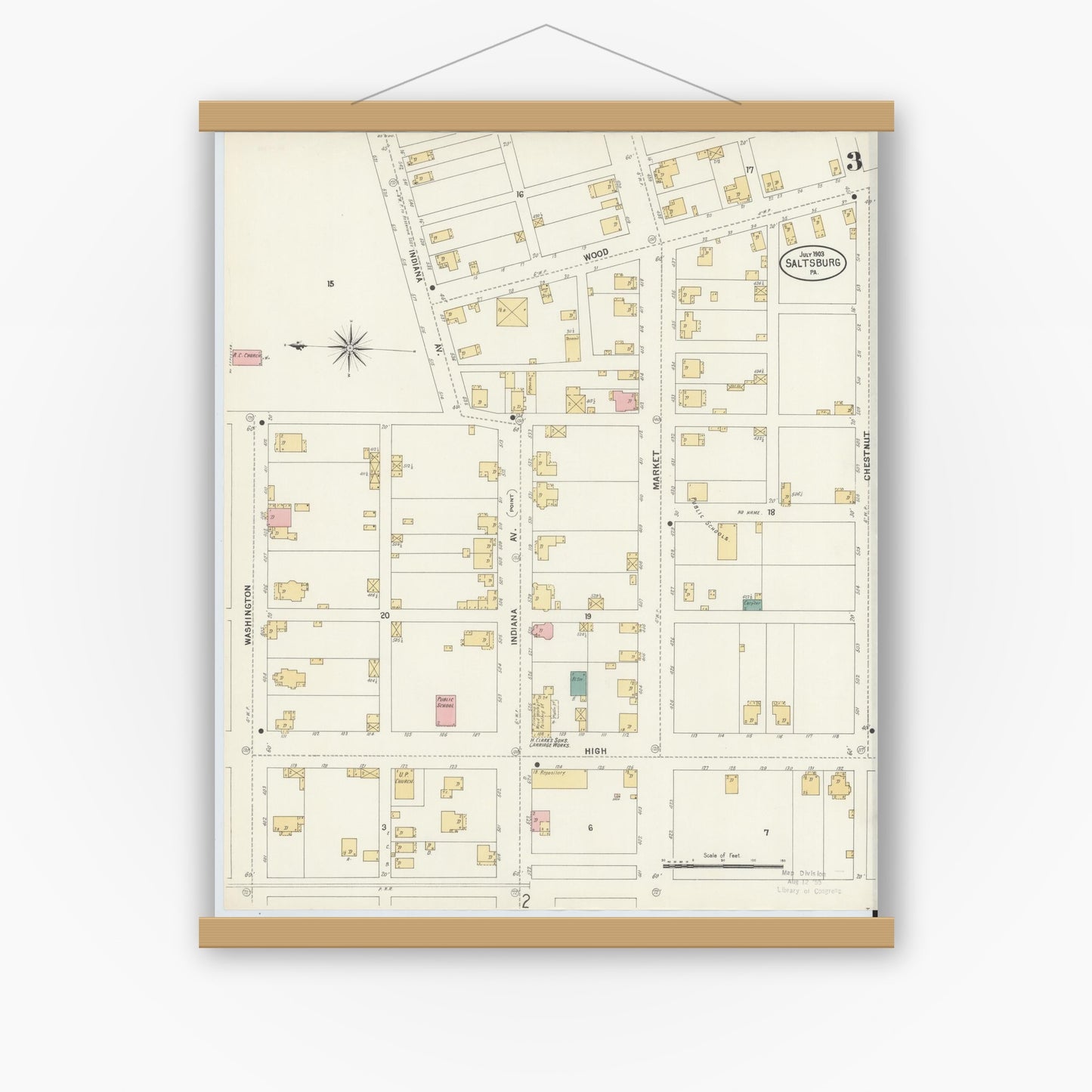 Old map wall art mockup — magnetic wood frame on white wall — Sanborn Fire Insurance Map from Saltsburg, Indiana County, Pennsylvania (1903), Sheet #0003