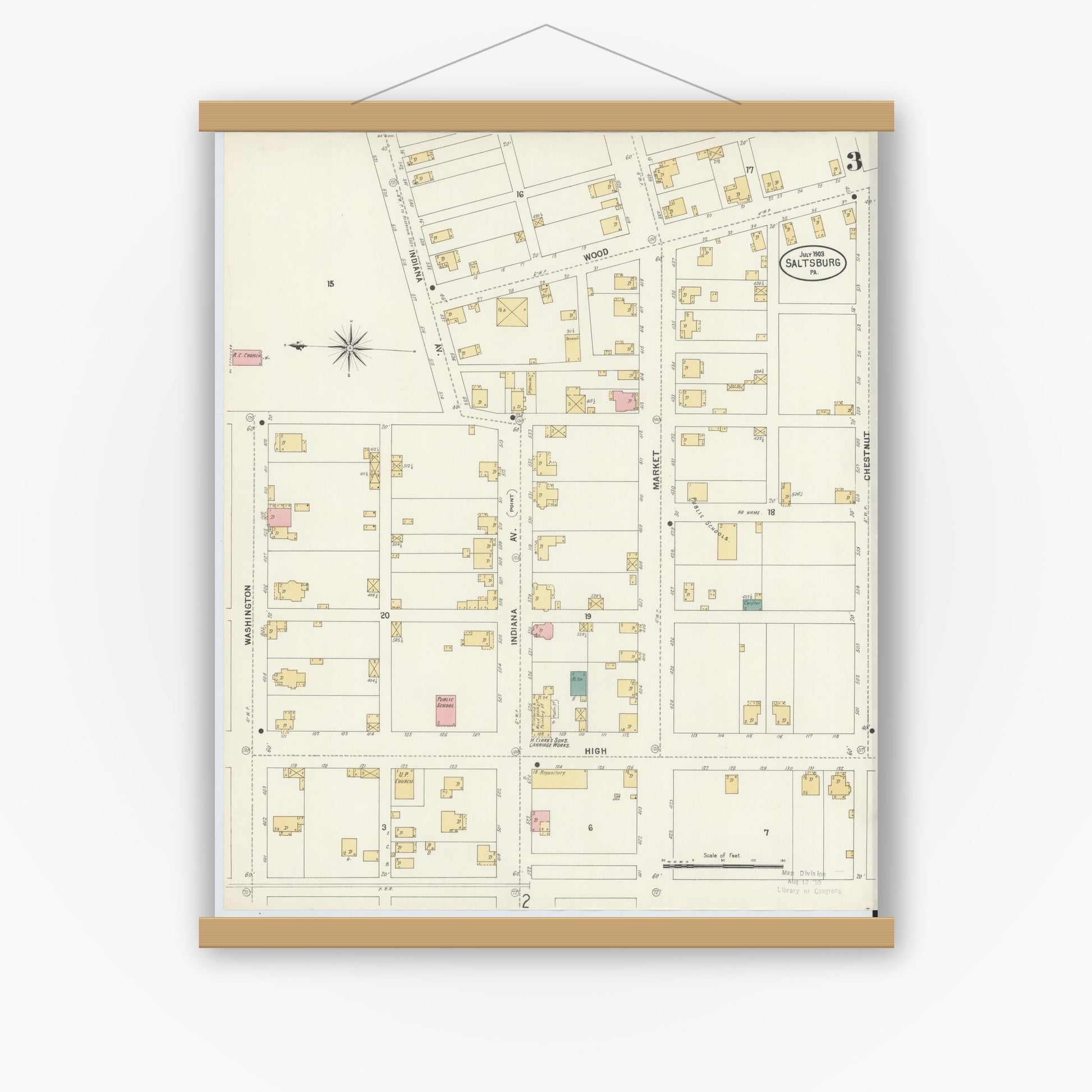 Old map wall art mockup — magnetic wood frame on white wall — Sanborn Fire Insurance Map from Saltsburg, Indiana County, Pennsylvania (1903), Sheet #0003