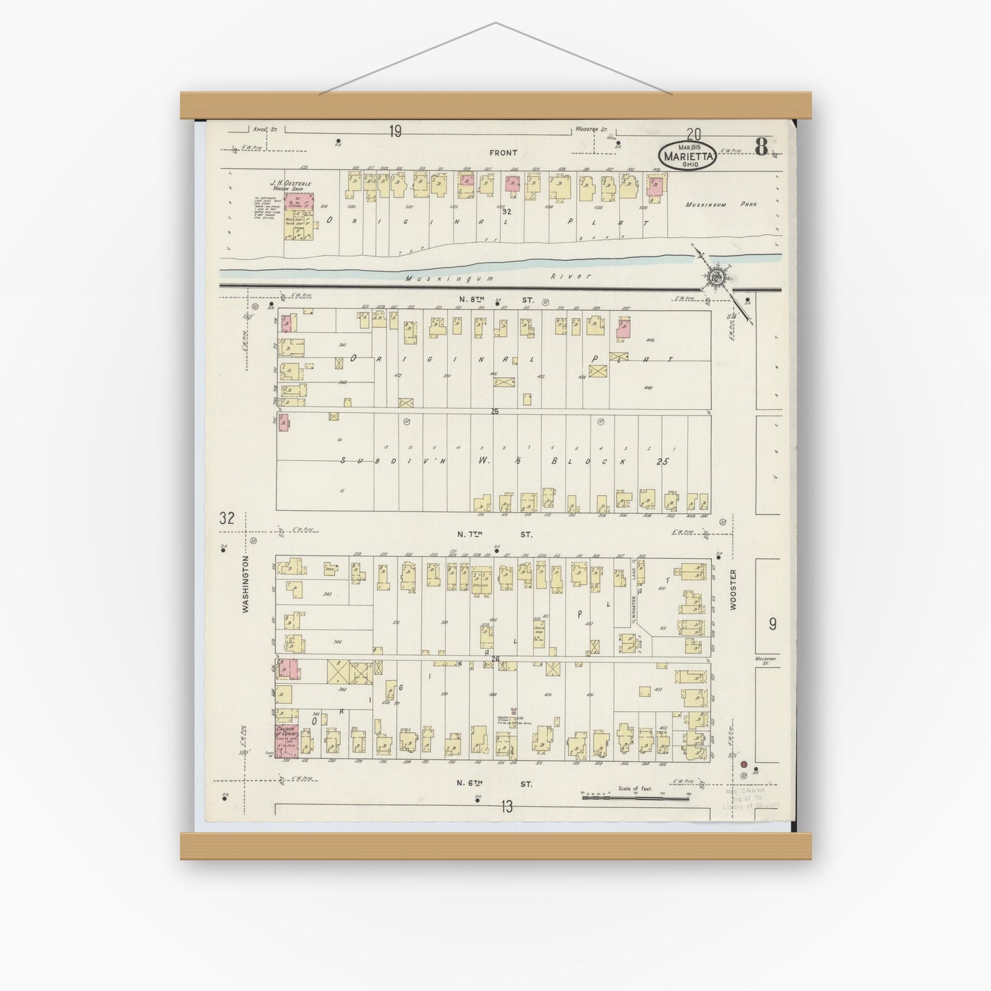 Old map wall art mockup — magnetic wood frame on white wall — Sanborn Fire Insurance Map from Marietta, Washington County, Ohio (1915), Sheet #0008