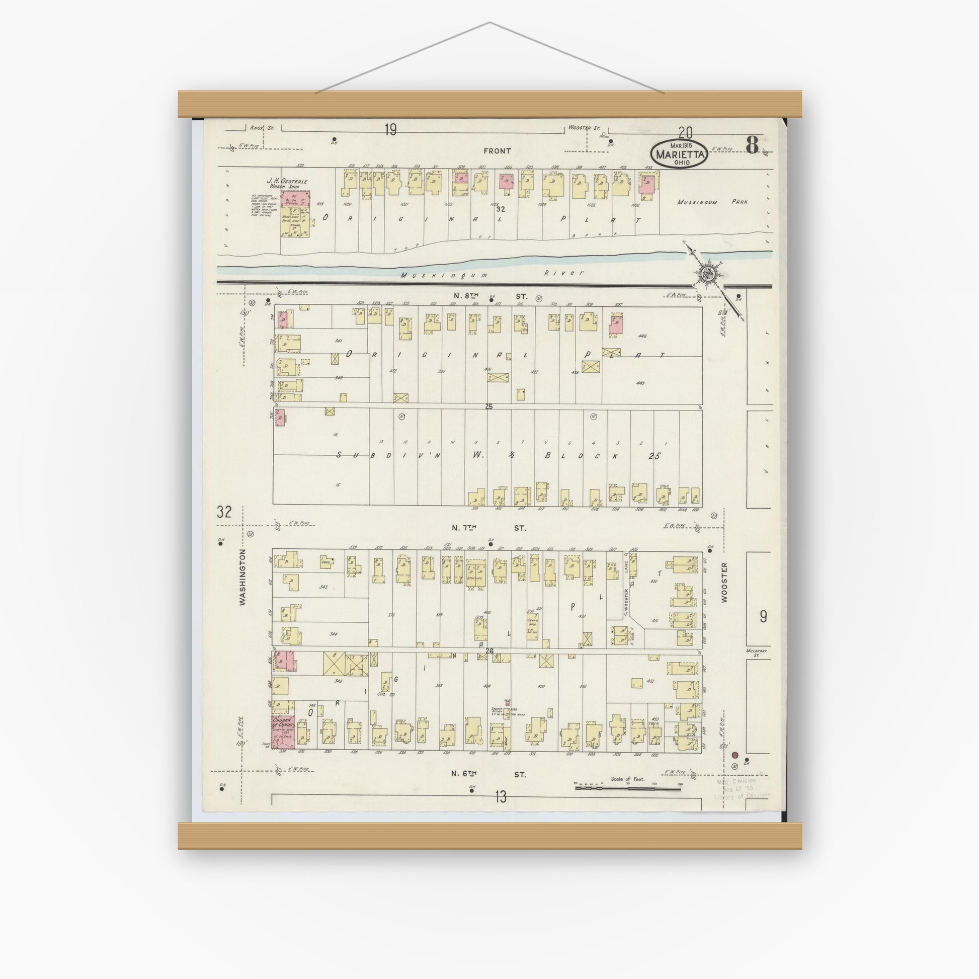 Old map wall art mockup — magnetic wood frame on white wall — Sanborn Fire Insurance Map from Marietta, Washington County, Ohio (1915), Sheet #0008