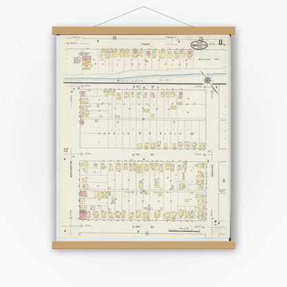 Old map wall art mockup — magnetic wood frame on white wall — Sanborn Fire Insurance Map from Marietta, Washington County, Ohio (1915), Sheet #0008