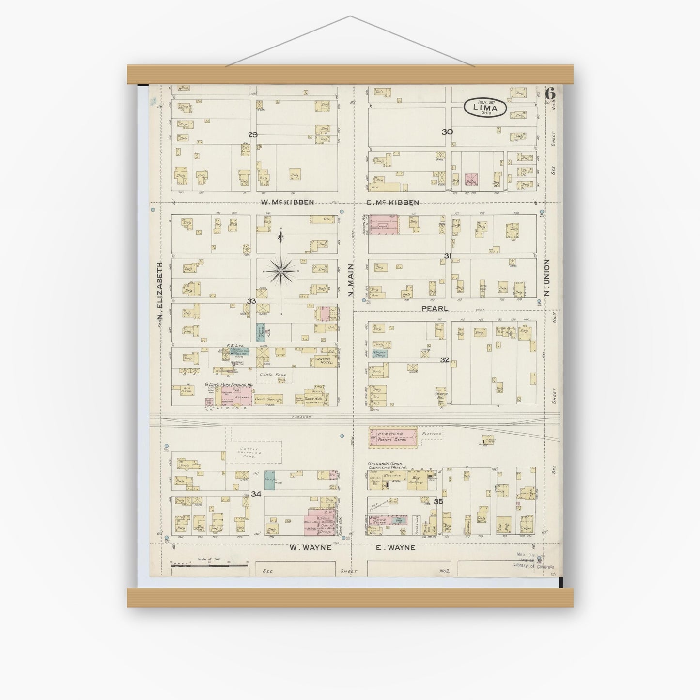 Old map wall art mockup — magnetic wood frame on white wall — Sanborn Fire Insurance Map from Lima, Allen County, Ohio (1887), Sheet #0006