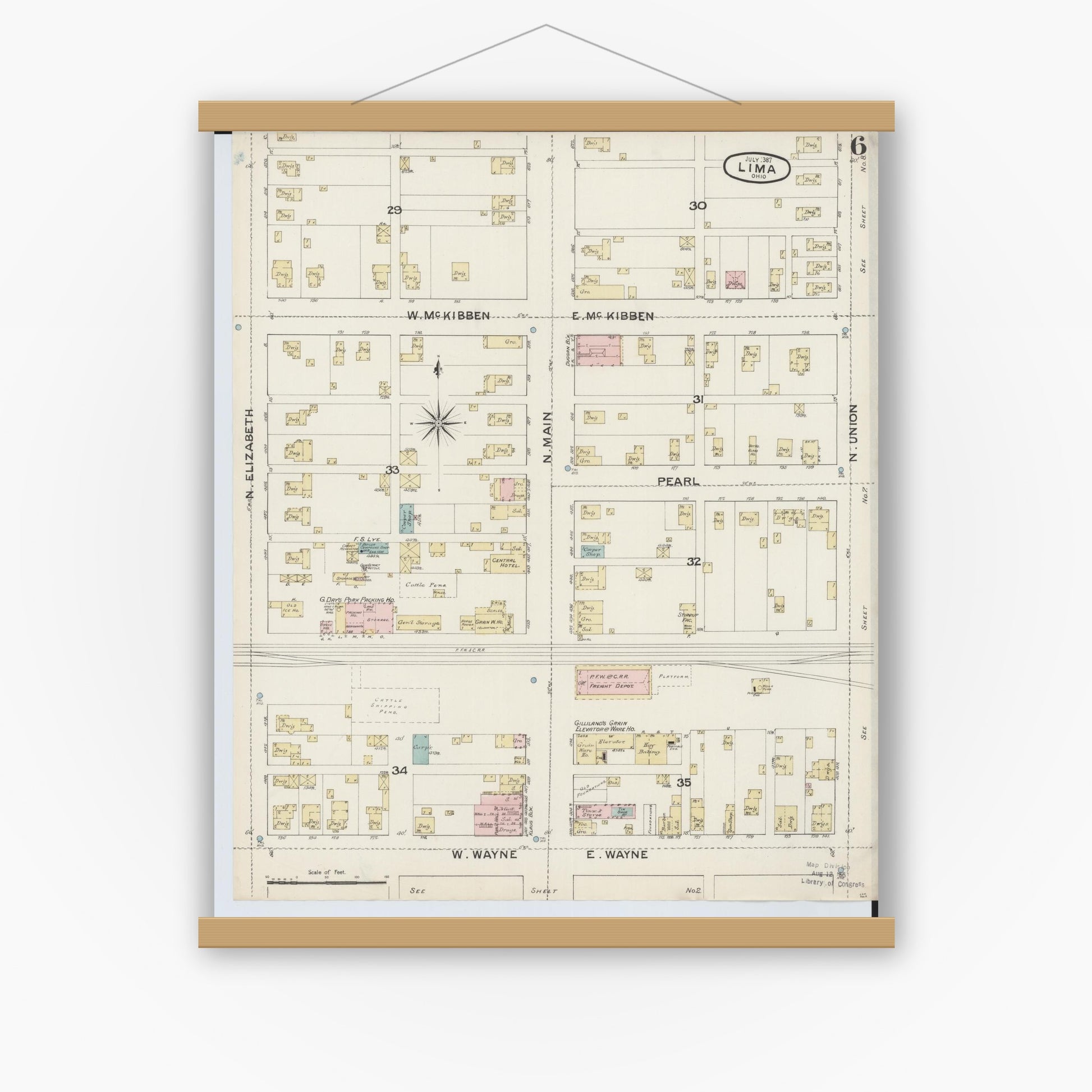 Old map wall art mockup — magnetic wood frame on white wall — Sanborn Fire Insurance Map from Lima, Allen County, Ohio (1887), Sheet #0006
