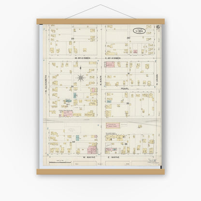 Old map wall art mockup — magnetic wood frame on white wall — Sanborn Fire Insurance Map from Lima, Allen County, Ohio (1887), Sheet #0006