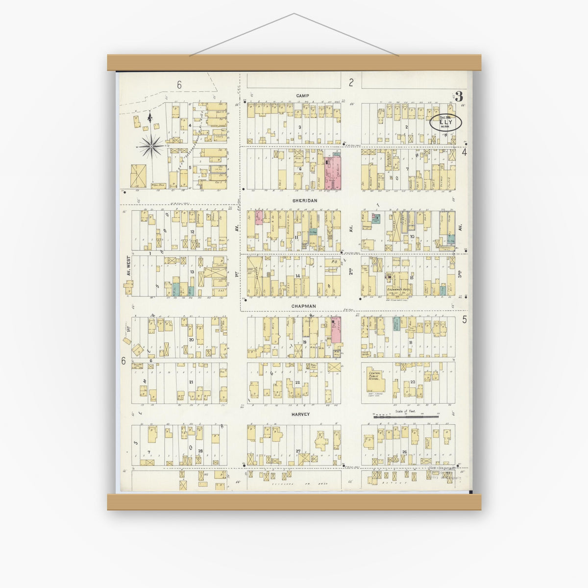 Old map wall art mockup — magnetic wood frame on white wall — Sanborn Fire Insurance Map from Ely, Saint Louis County, Minnesota (1906), Sheet #0003