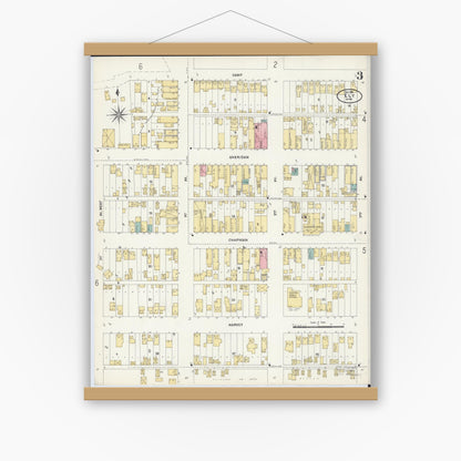 Old map wall art mockup — magnetic wood frame on white wall — Sanborn Fire Insurance Map from Ely, Saint Louis County, Minnesota (1906), Sheet #0003