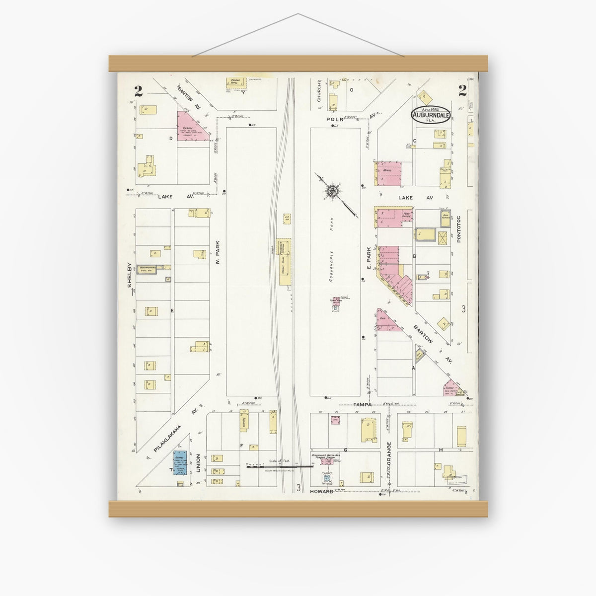 Old map wall art mockup — magnetic wood frame on white wall — Sanborn Fire Insurance Map from Auburndale, Polk County, Florida (1924) - Complete Map Set