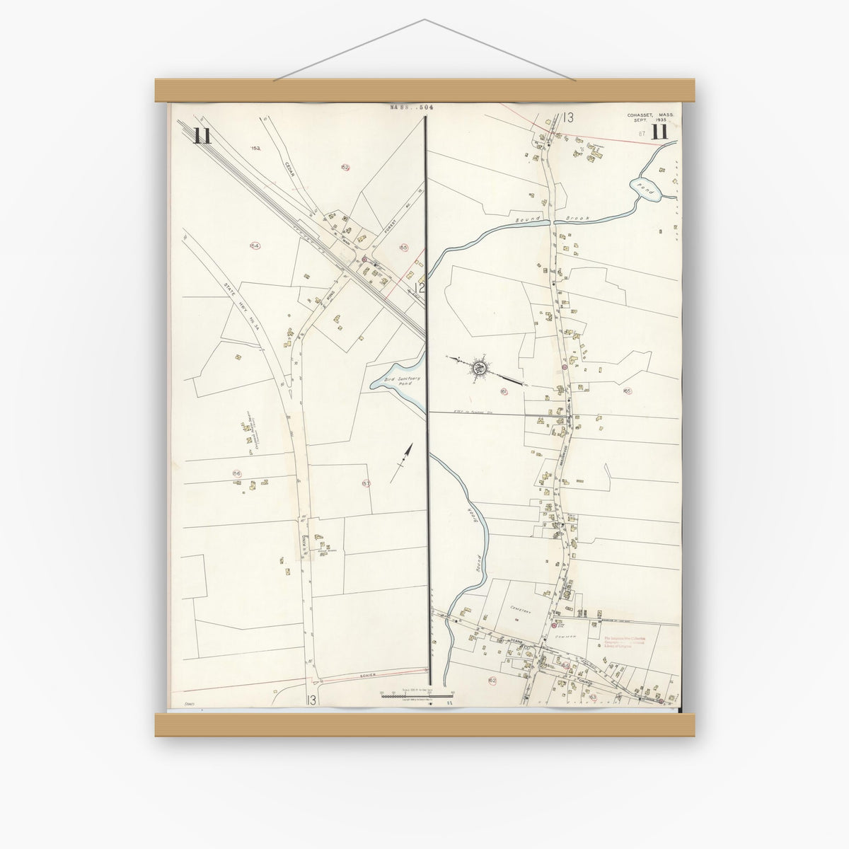 Old map wall art mockup — magnetic wood frame on white wall — Sanborn Fire Insurance Map from Cohasset, Norfolk County, Massachusetts (1940), Sheet #0011