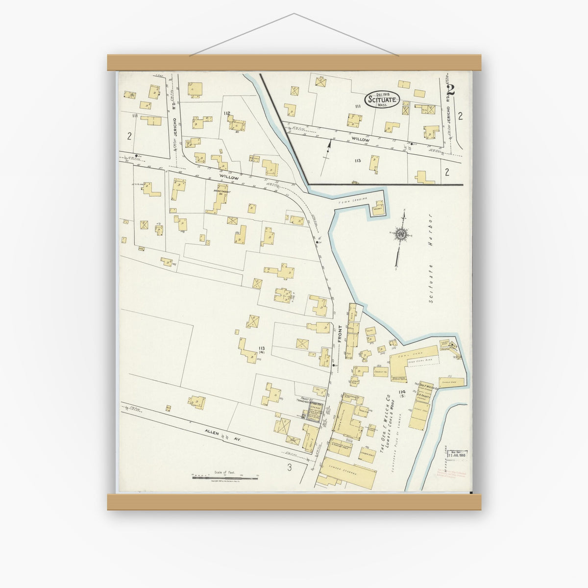 Old map wall art mockup — magnetic wood frame on white wall — Sanborn Fire Insurance Map from Scituate, Plymouth County, Massachusetts (1918), Sheet #0002