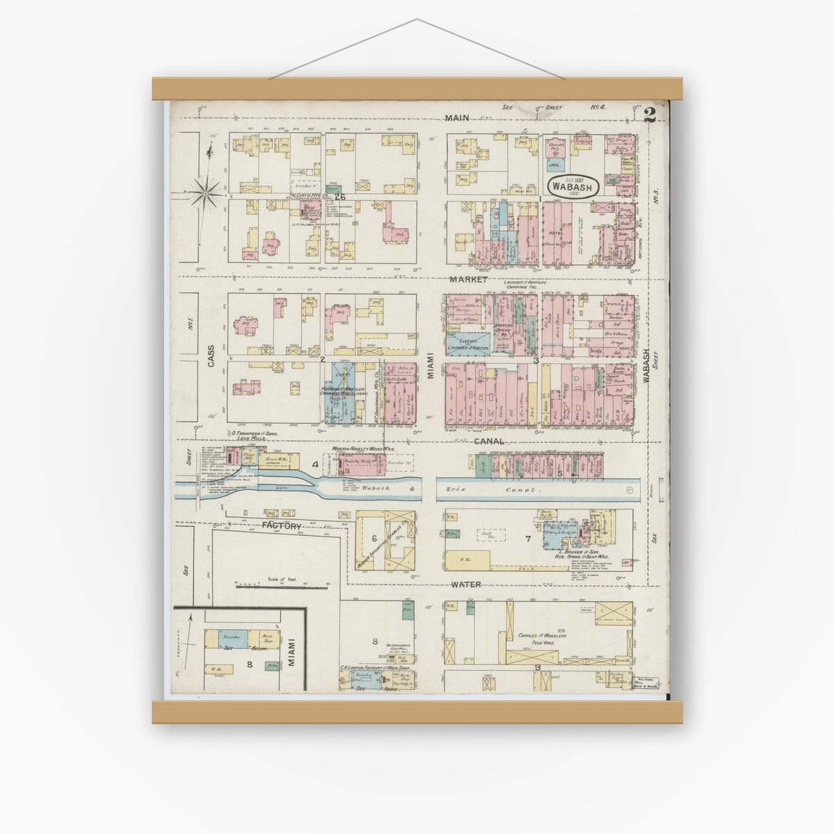 Old map wall art mockup — magnetic wood frame on white wall — Sanborn Fire Insurance Map from Wabash, Wabash County, Indiana (1887), Sheet #0002