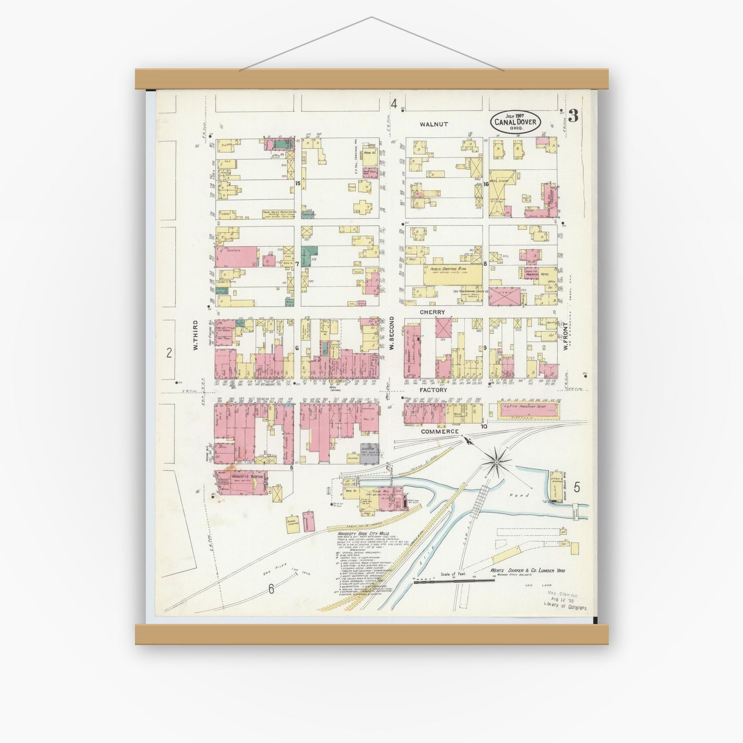 Old map wall art mockup — magnetic wood frame on white wall — Sanborn Fire Insurance Map from Canal Dover, Tuscarawas County, Ohio (1907), Sheet #0003