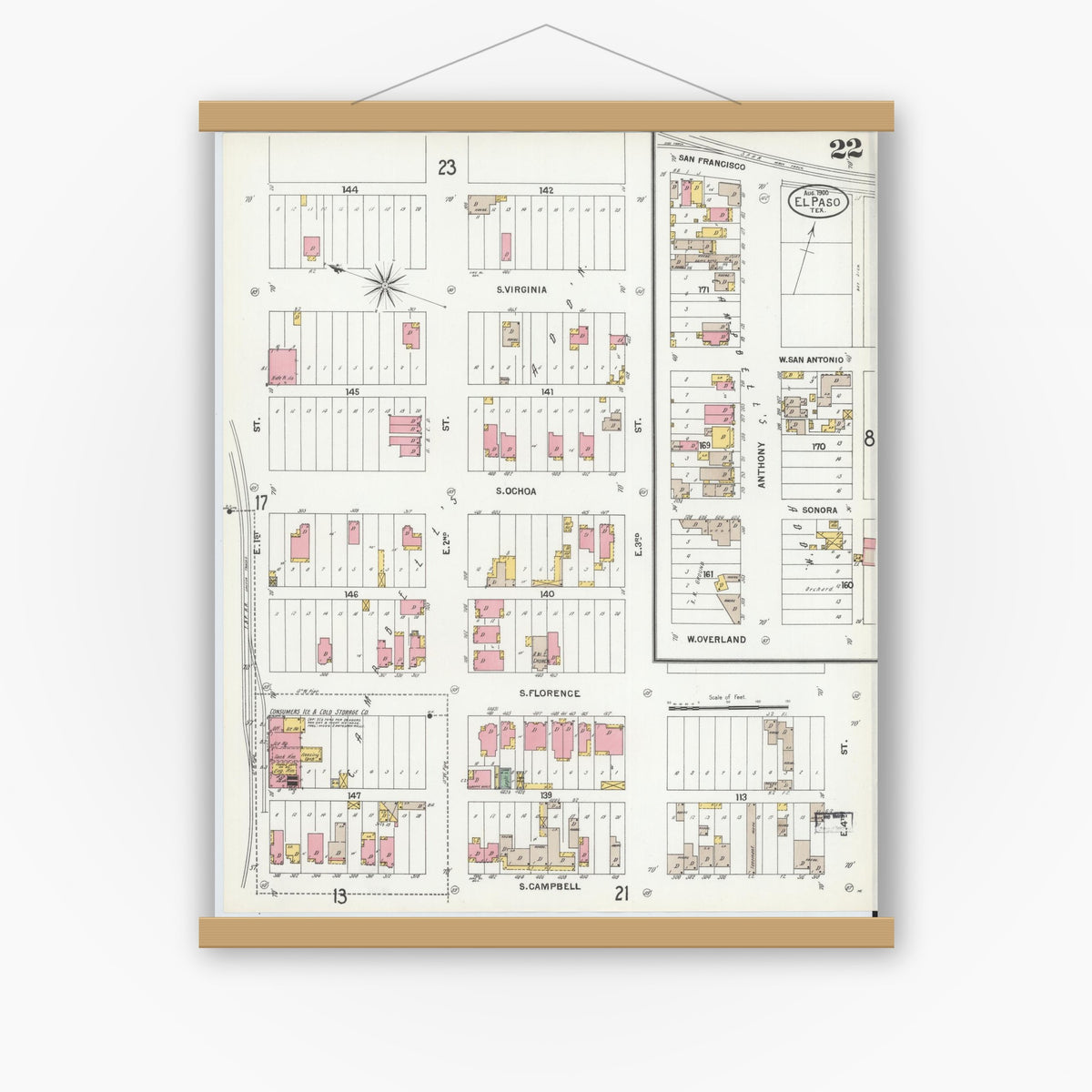 Old map wall art mockup — magnetic wood frame on white wall — Sanborn Fire Insurance Map from El Paso, El Paso County, Texas (1900), Sheet #0022