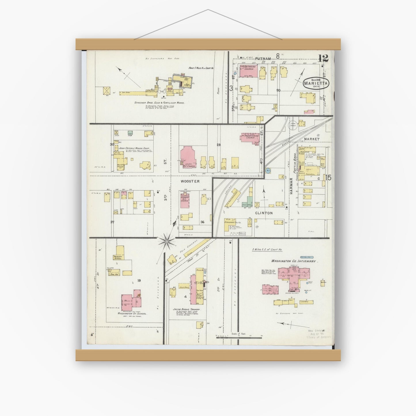 Old map wall art mockup — magnetic wood frame on white wall — Sanborn Fire Insurance Map from Marietta, Washington County, Ohio (1896), Sheet #0012