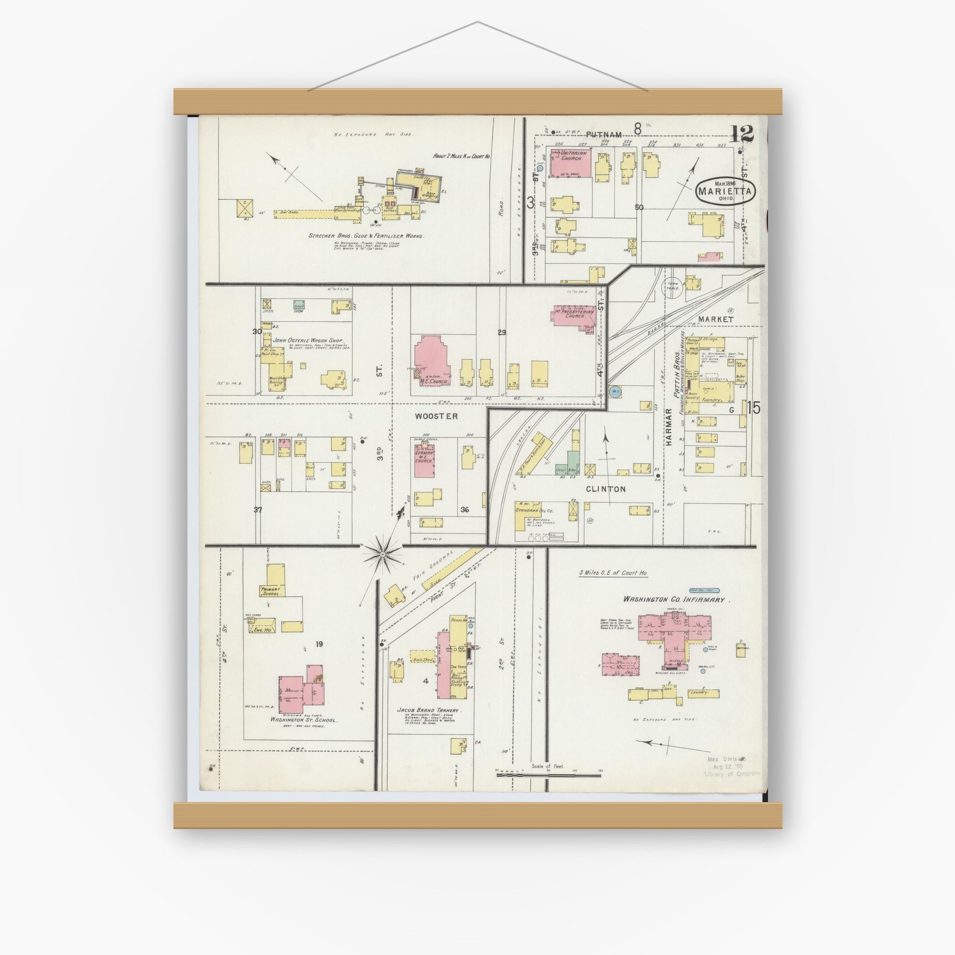 Old map wall art mockup — magnetic wood frame on white wall — Sanborn Fire Insurance Map from Marietta, Washington County, Ohio (1896), Sheet #0012