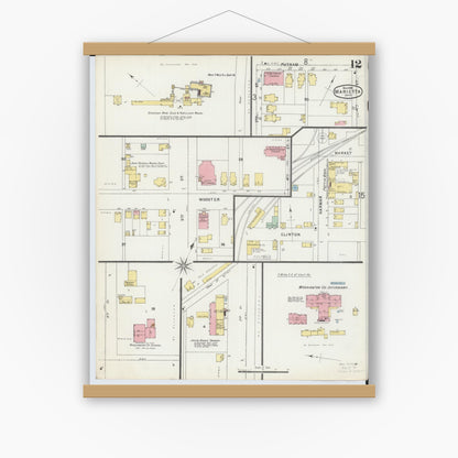 Old map wall art mockup — magnetic wood frame on white wall — Sanborn Fire Insurance Map from Marietta, Washington County, Ohio (1896), Sheet #0012