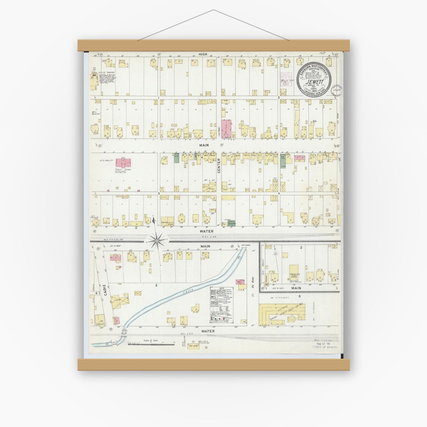Old map wall art mockup — magnetic wood frame on white wall — Sanborn Fire Insurance Map from Jewett, Harrison County, Ohio (1902), Sheet #0001