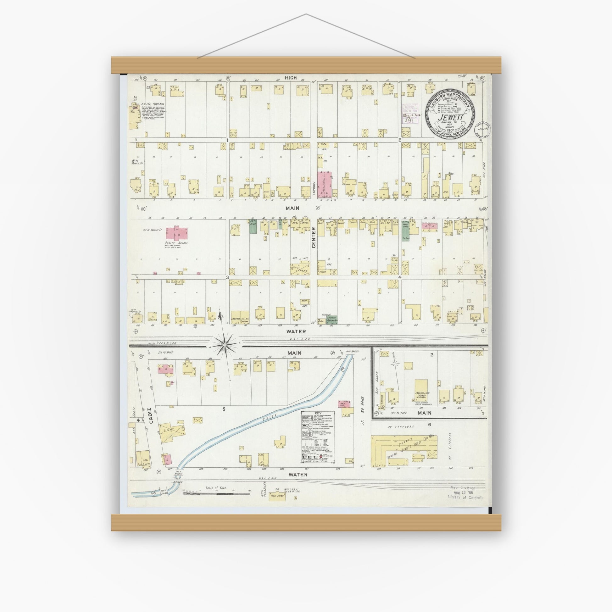 Old map wall art mockup — magnetic wood frame on white wall — Sanborn Fire Insurance Map from Jewett, Harrison County, Ohio (1902), Sheet #0001