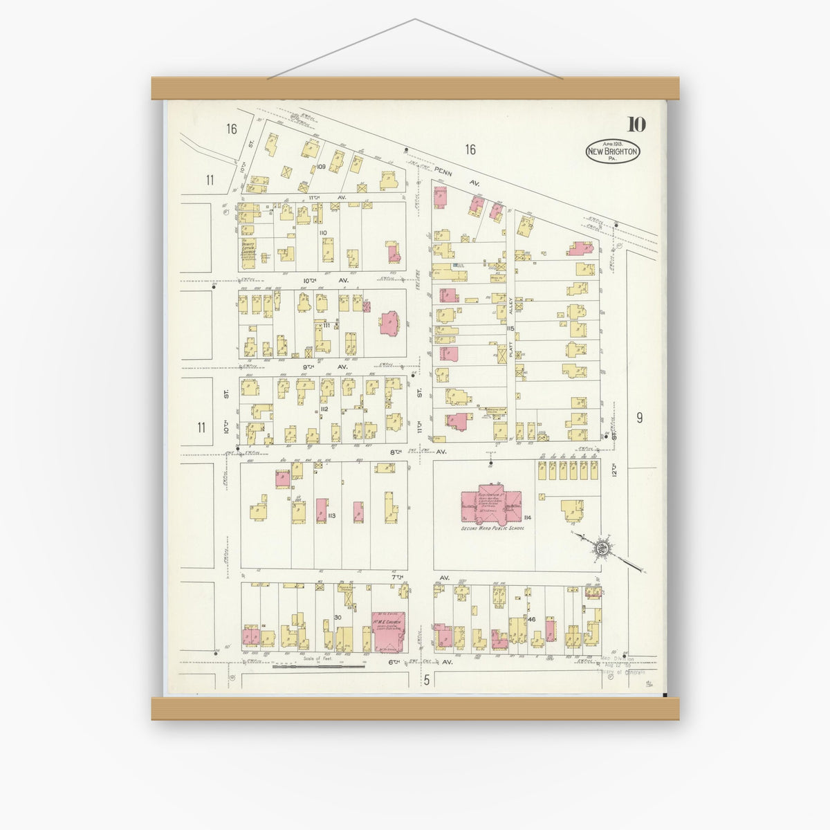 Old map wall art mockup — magnetic wood frame on white wall — Sanborn Fire Insurance Map from New Brighton, Beaver County, Pennsylvania (1913), Sheet #0010