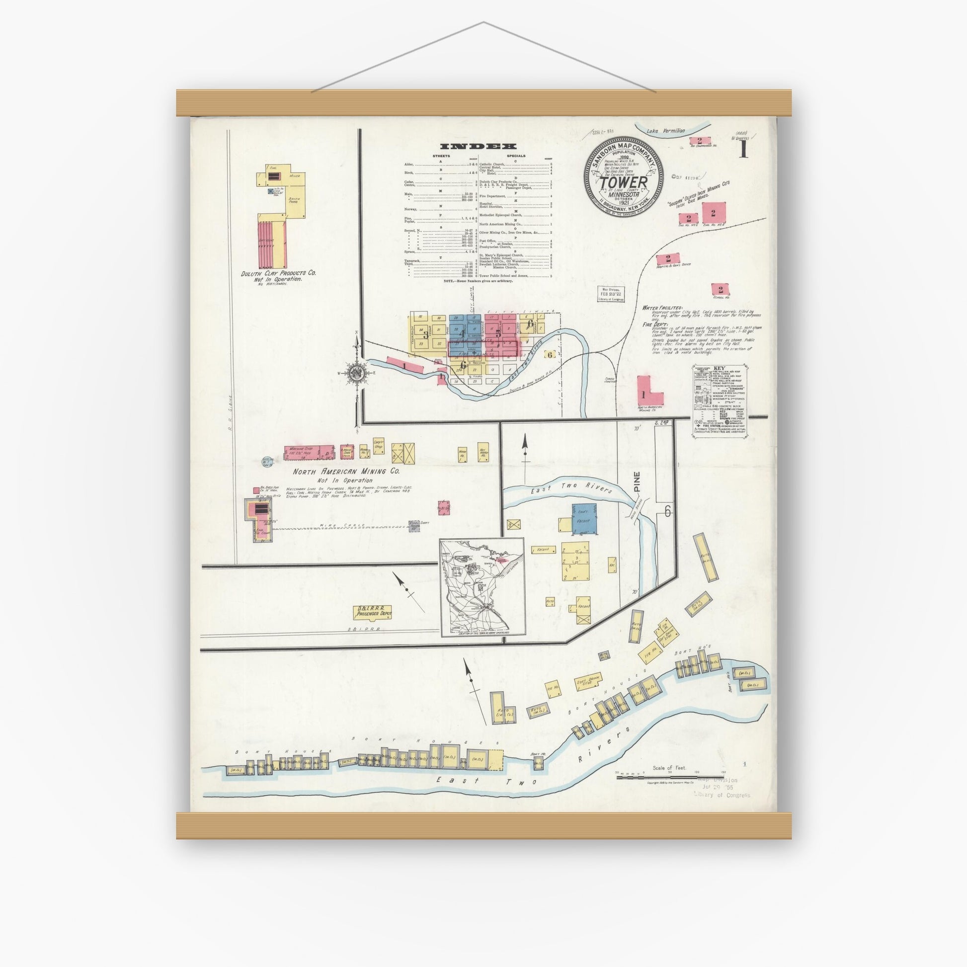 Old map wall art mockup — magnetic wood frame on white wall — Sanborn Fire Insurance Map from Tower, Saint Louis County, Minnesota (1921) - Complete Map Set