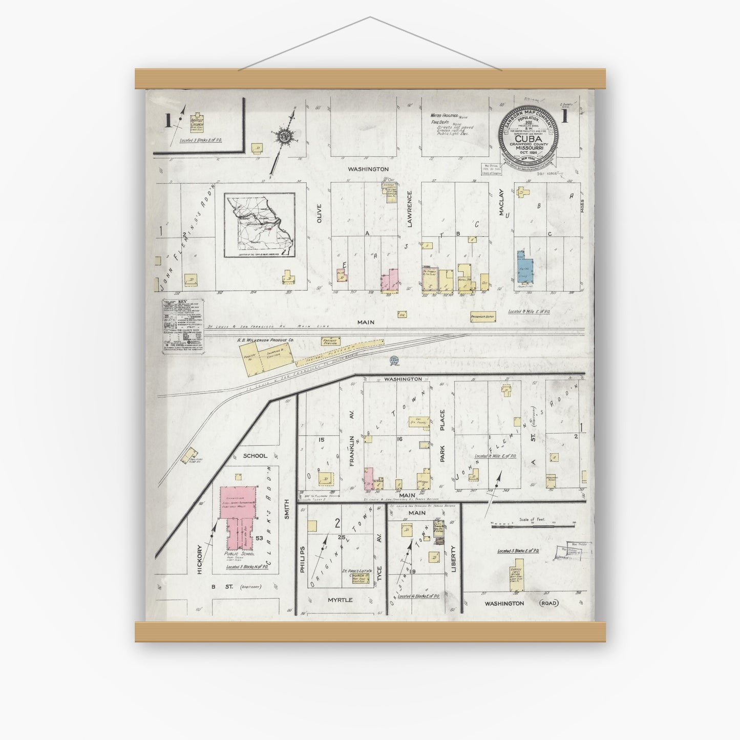 Old map wall art mockup — magnetic wood frame on white wall — Sanborn Fire Insurance Map from Cuba, Crawford County, Missouri (1924) - Complete Map Set