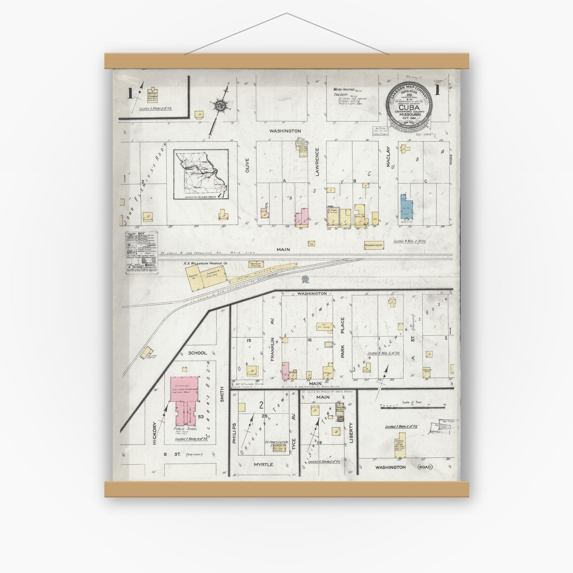 Old map wall art mockup — magnetic wood frame on white wall — Sanborn Fire Insurance Map from Cuba, Crawford County, Missouri (1924) - Complete Map Set